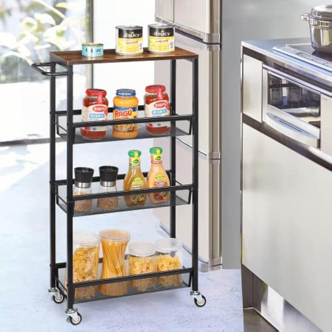 LIANTRAL Slim 4-Tier Rolling Storage Cart with Wooden Tabletop | 18.5cm Wide