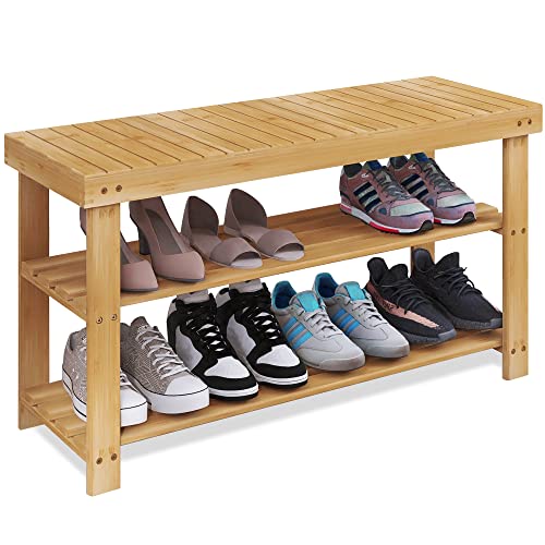 SMIBUY 3-Tier Bamboo Shoe Rack Bench | Entryway Storage Shelf - Natural