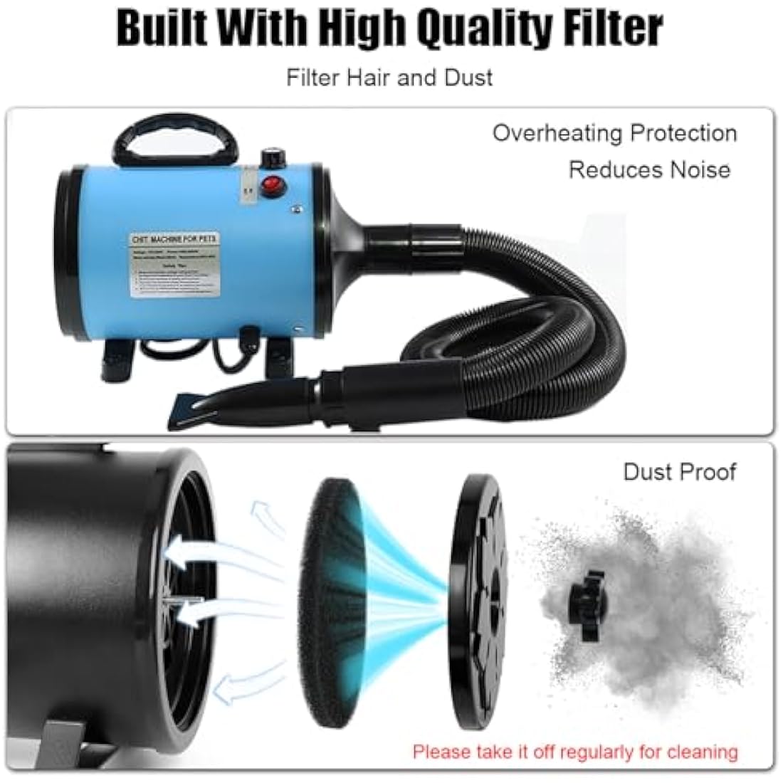 2800W Dog Hair Dryer | Low Noise Pet Grooming Blaster - Blue