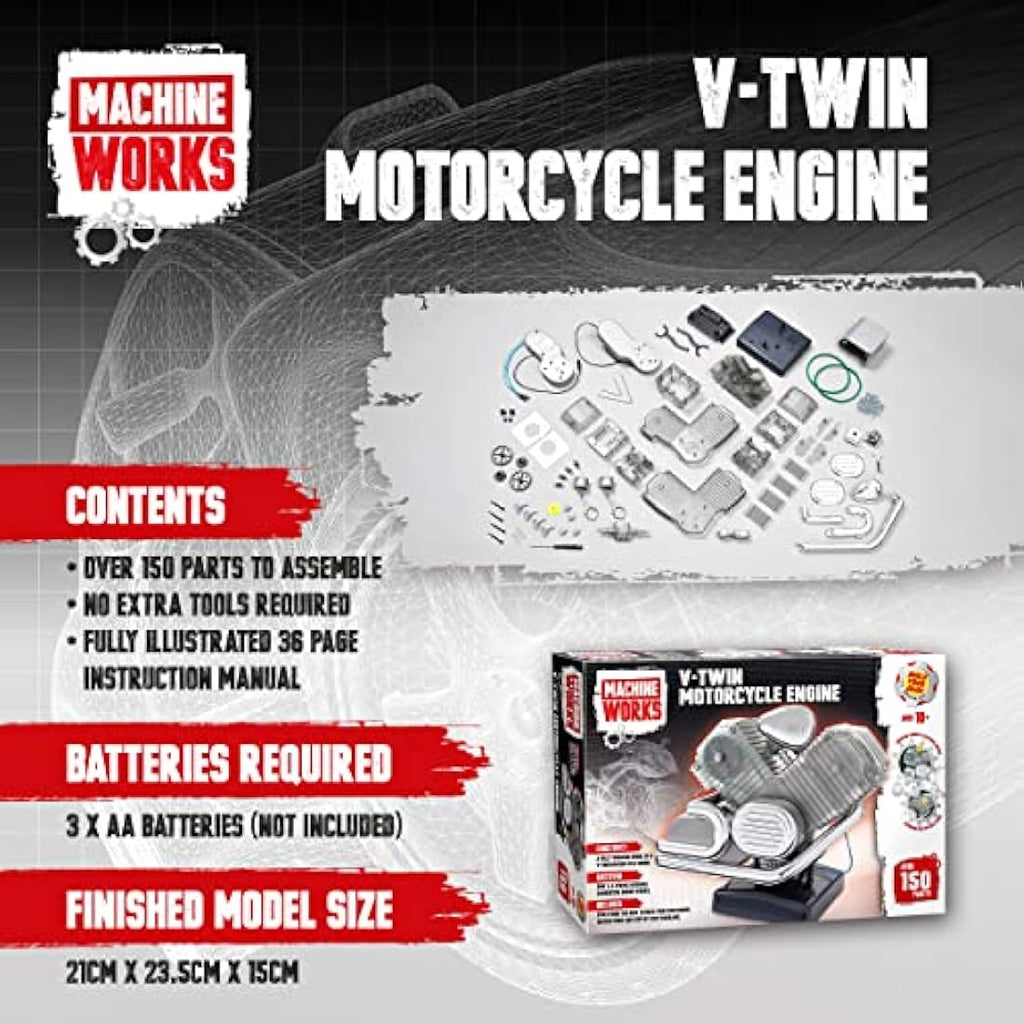 Machine Works V-Twin Motorcycle Engine Model Kit – 150+ Piece STEM Toy