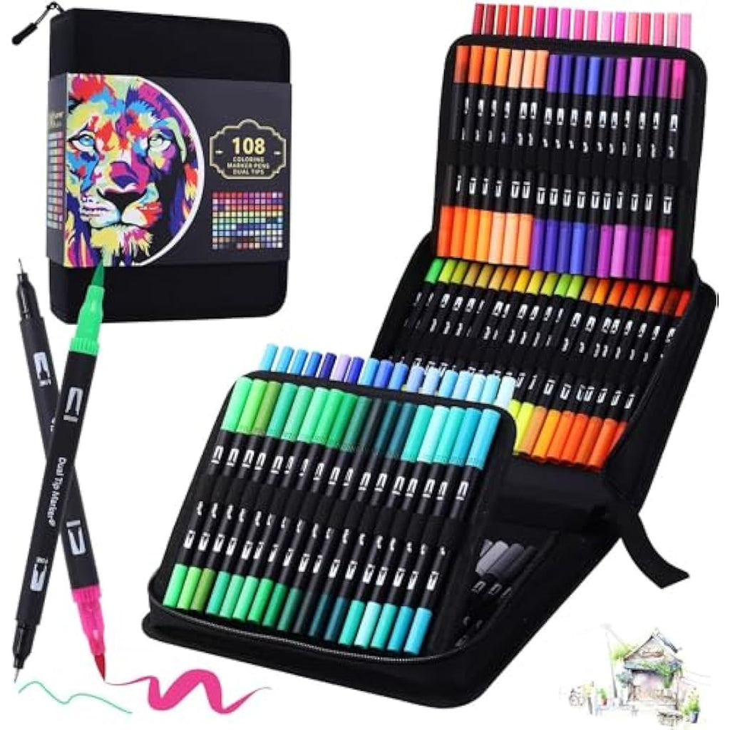 BEMAYSZ 108 Colors Dual Tip Brush Pens for Adult Coloring and Drawing