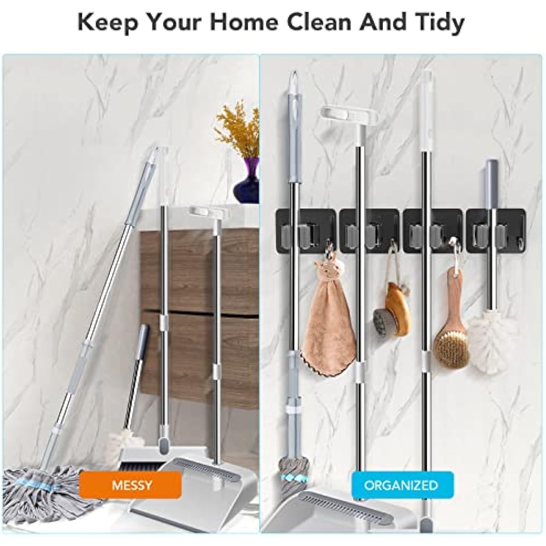 Homeasy Mop and Broom Holder | 4 Pcs Stainless Steel Wall Mount Hanger