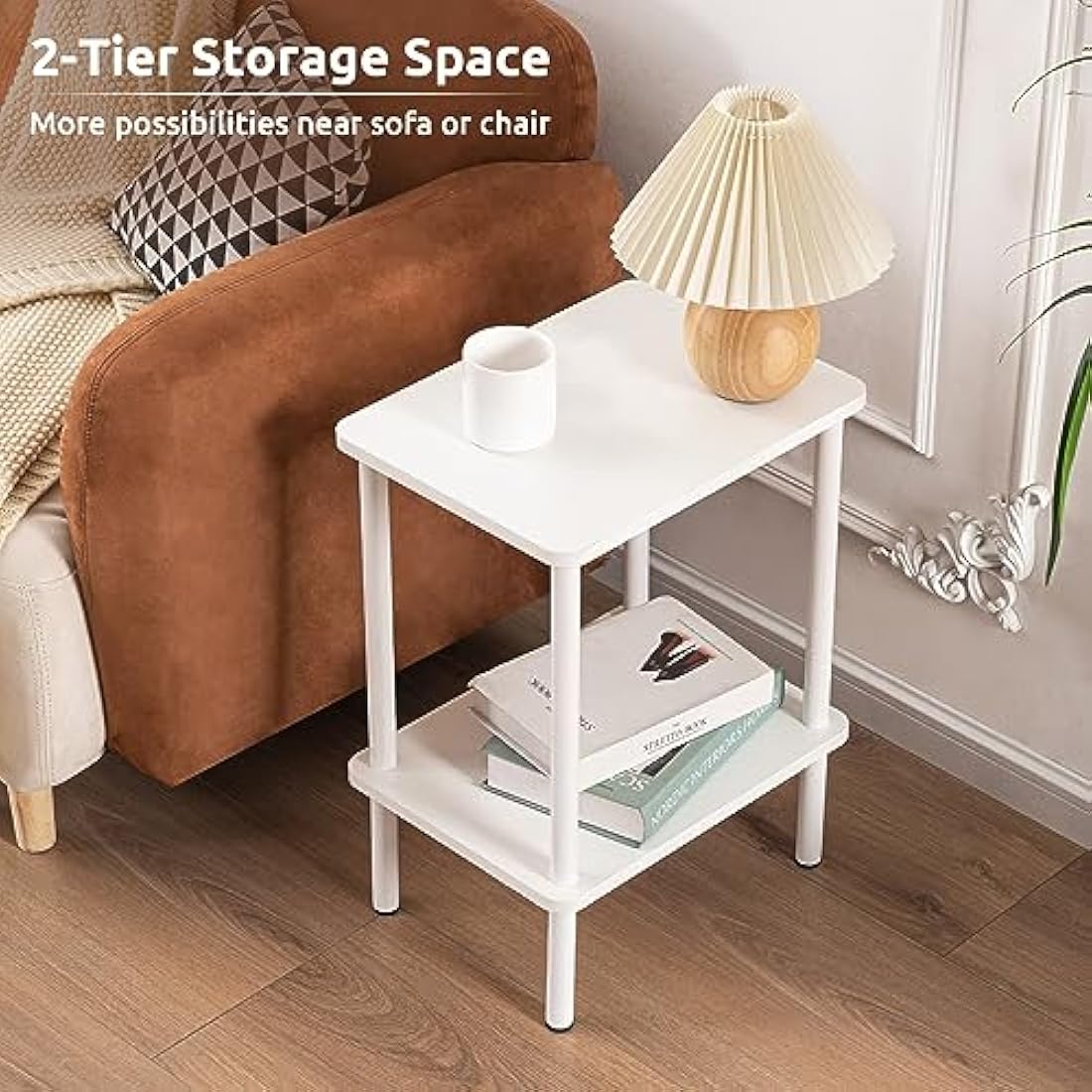 Apicizon 2-Tier Side Table – White Modern Nightstand for Small Spaces