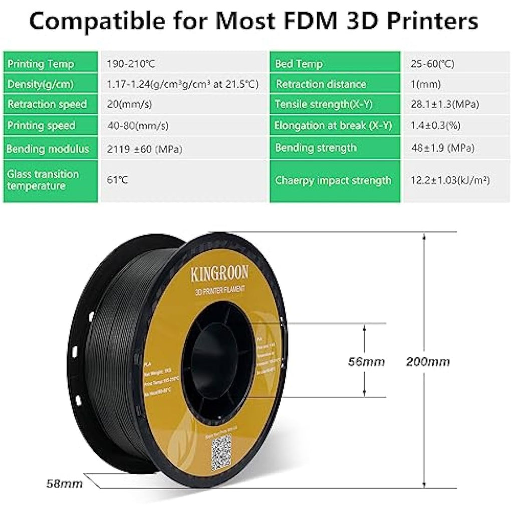 Kingroon PLA Filament 1.75mm – 10kg Bulk 3D Printing Material, Black