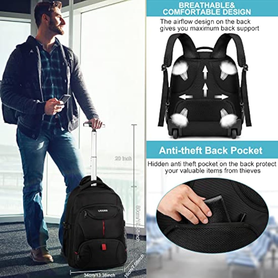 LIGSAN Rolling Laptop Backpack | 17-Inch Waterproof Travel Bag with Wheels