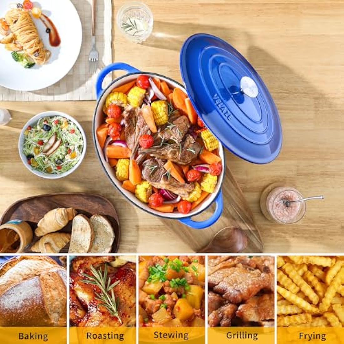 Velaze Enameled Cast Iron Dutch Oven – 7.5L Oval Casserole Dish, Blue