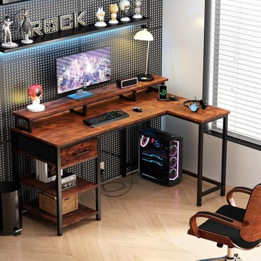 Dripex L-Shaped Computer Desk with Power Outlets, Monitor Stand & Drawer