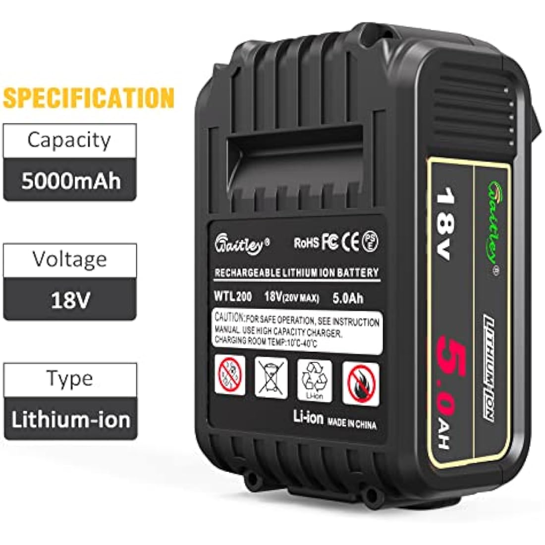 Waitley 18V 5.0Ah Li-ion Replacement Battery for Dewalt Power Tools