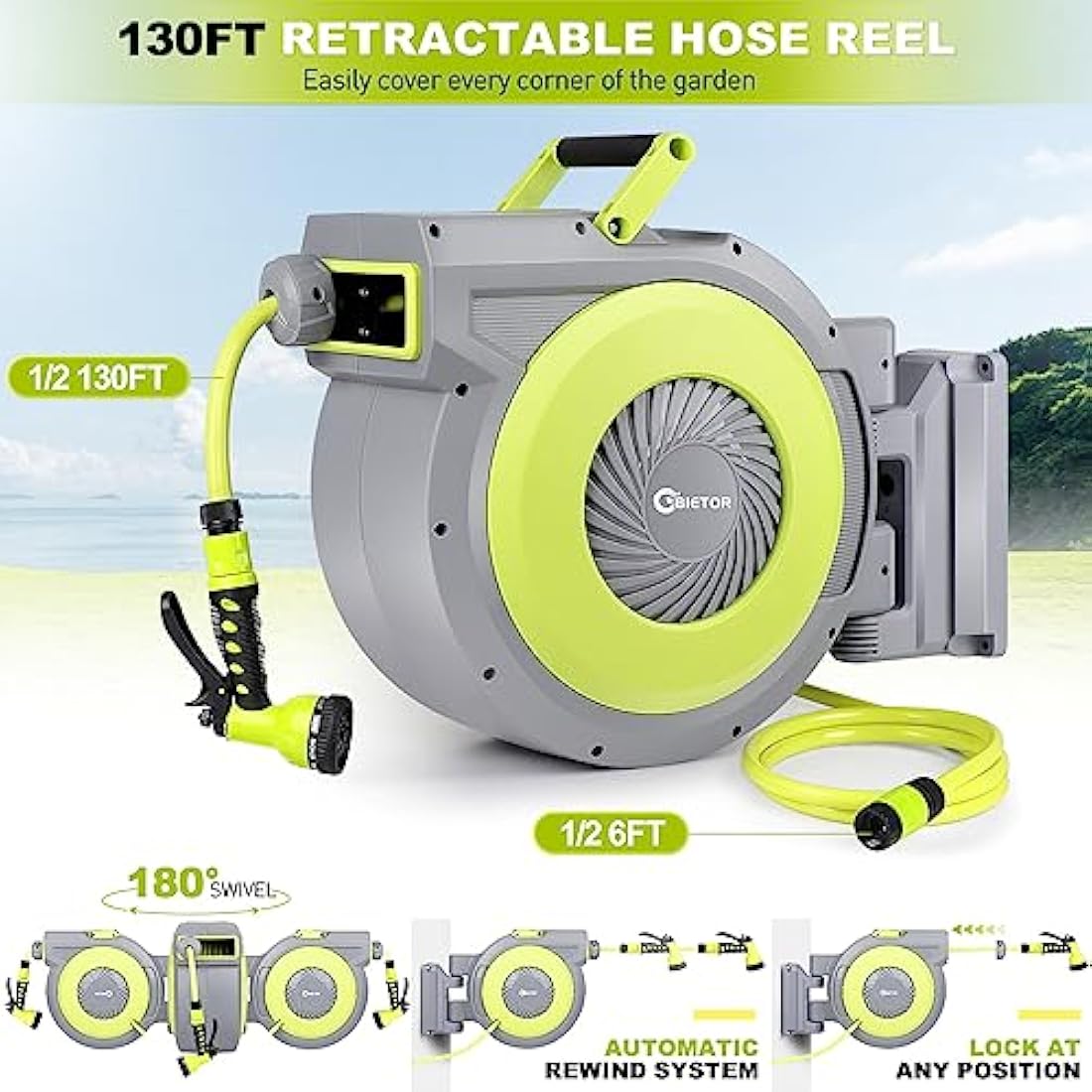 Bietor Retractable Garden Hose Reel – 40m Wall Mounted Heavy Duty 9-Pattern