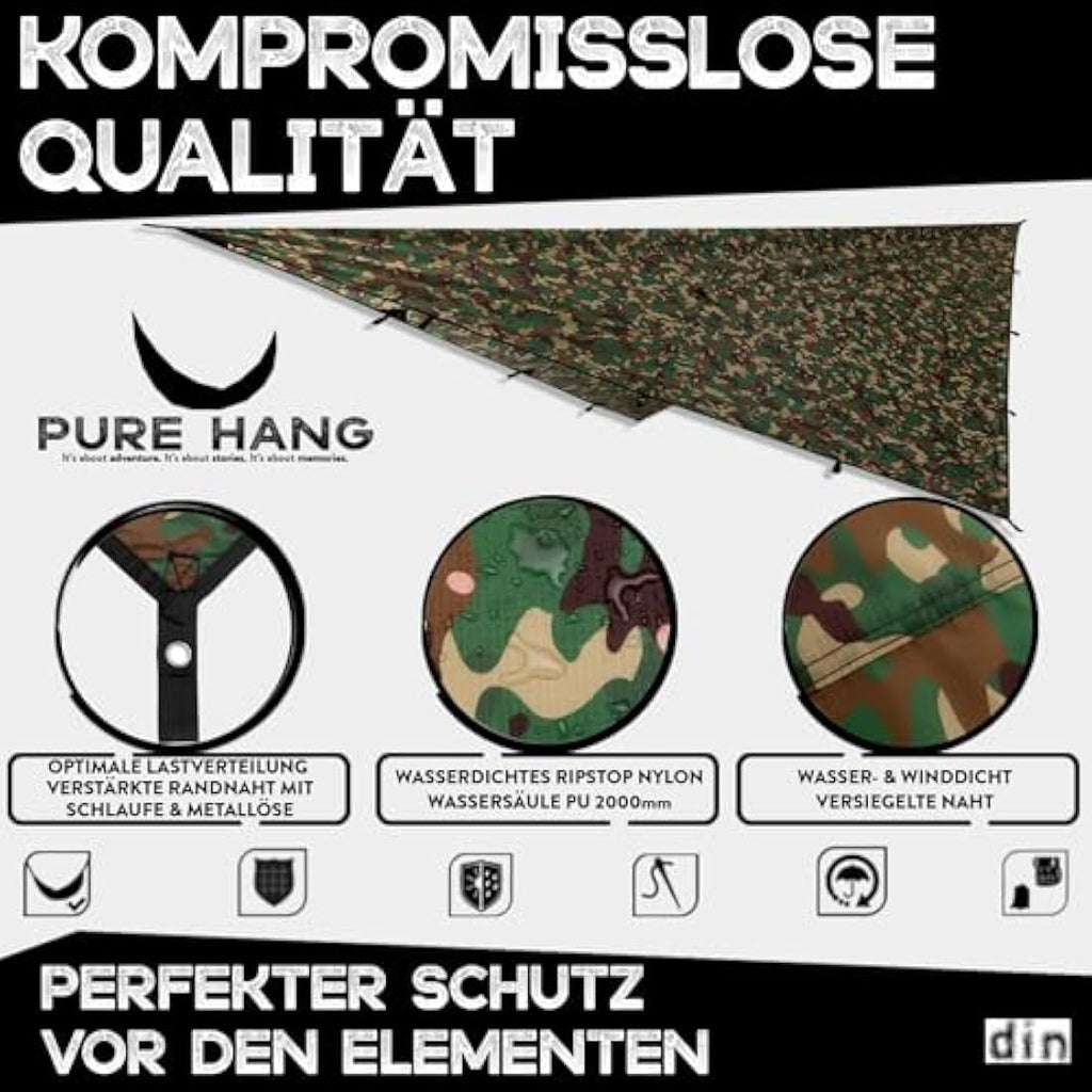 PURE HANG Rain Fly Tent Tarp | 3x3m Waterproof Ripstop Nylon Hammock Shelter