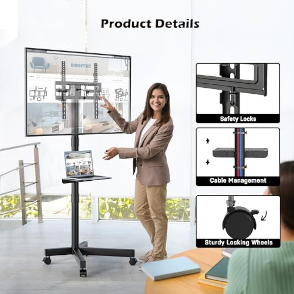 BONTEC Mobile TV Stand | Rolling TV Cart with Shelf for 23–60in TVs