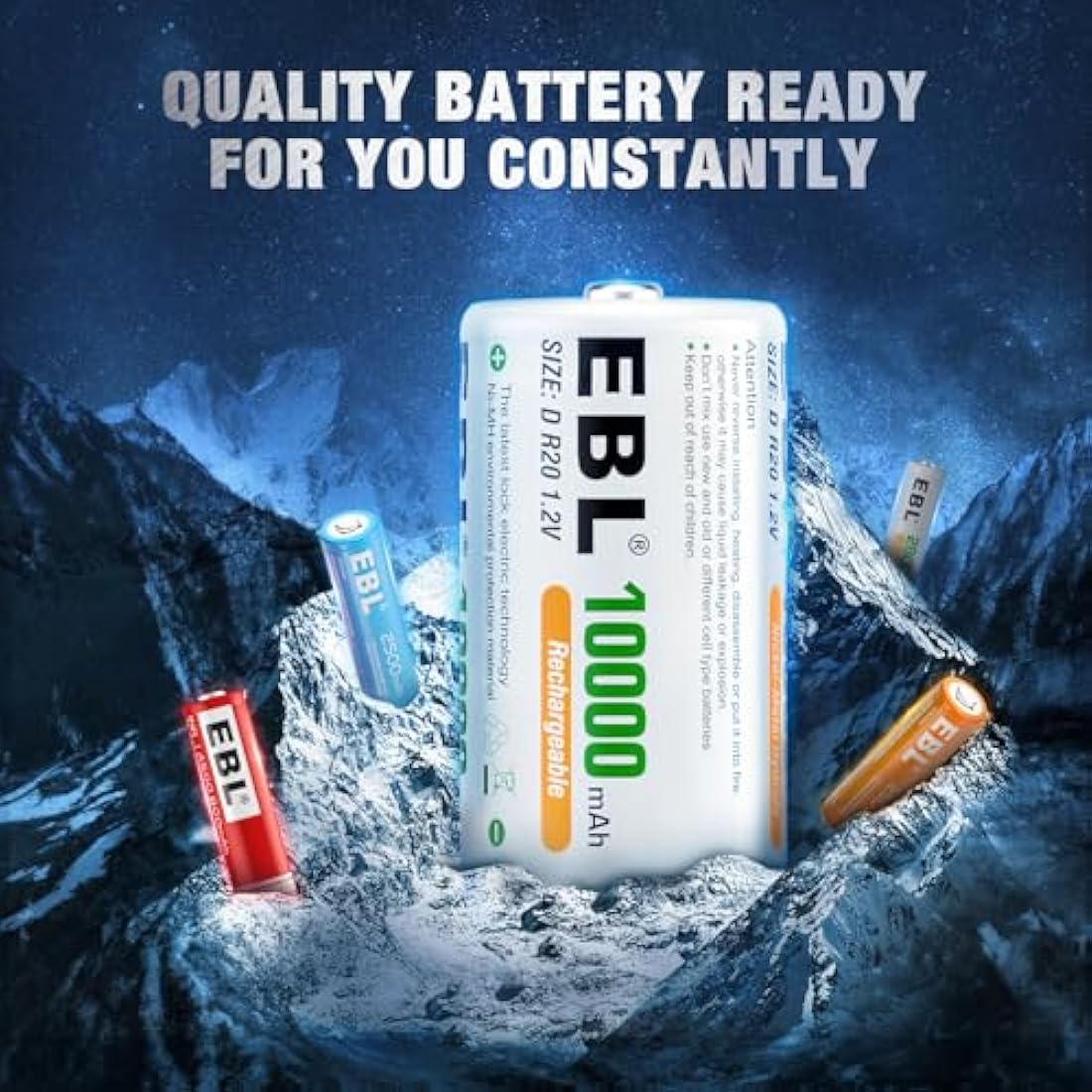 EBL D Cell Rechargeable Batteries | 10000mAh NiMH 6-Pack with Case