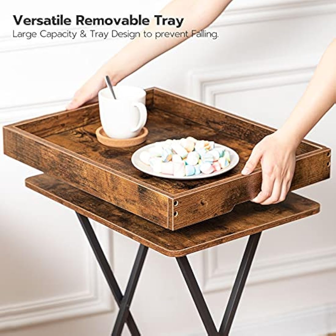 HOOBRO Folding TV Tray Table | Rustic Brown Side Table with Serving Tray