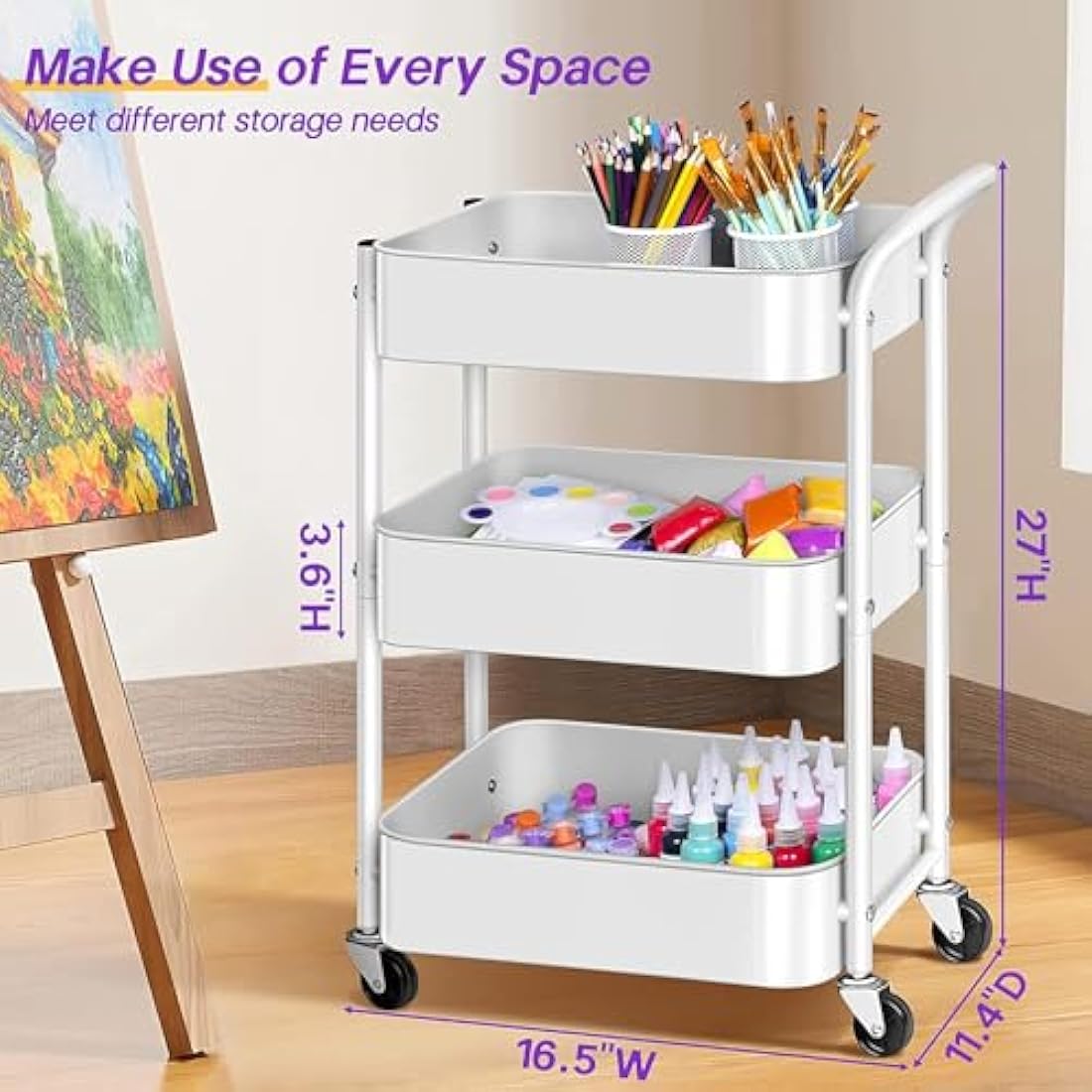 MISSLO 3-Tier Metal Utility Rolling Cart – Under Desk Storage Trolley, White