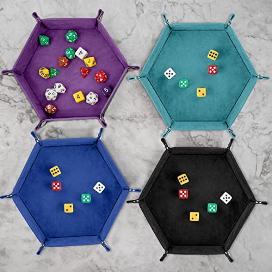 SIQUK 4-Piece Hexagon Dice Tray Set – Folding PU Leather & Velvet