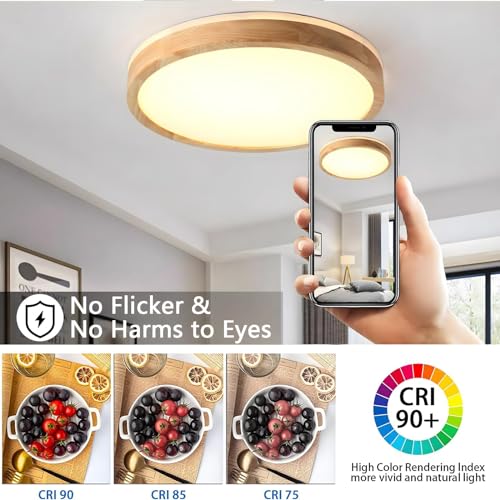YYUTLUO Wooden LED Ceiling Light – 30W Dimmable Round Flush Mount Lamp