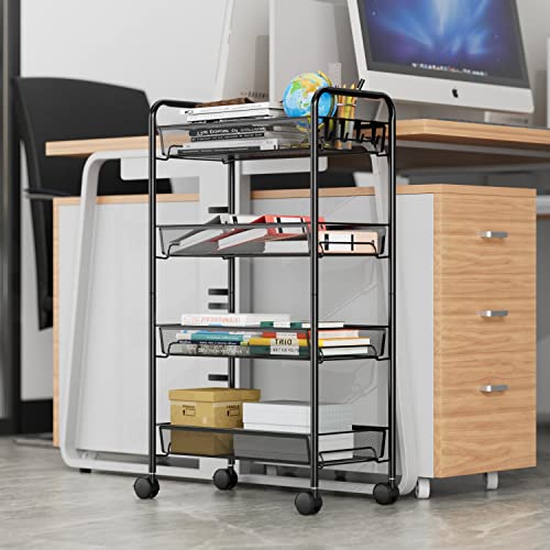 Ovicar 4-Tier Rolling Utility Cart – Metal Mesh Storage Trolley with Hooks