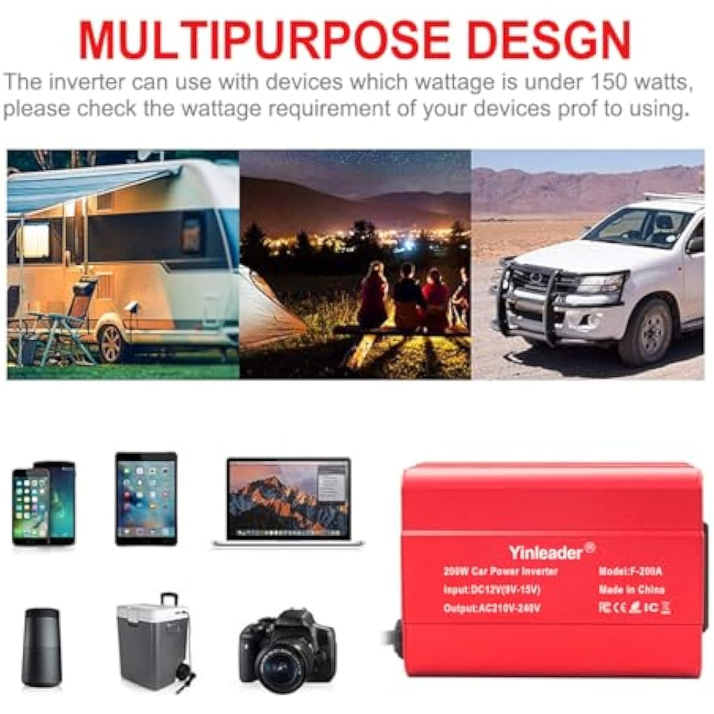 Yinleader 200W Power Inverter 12V to 240V UK Socket Dual USB Car Adapter