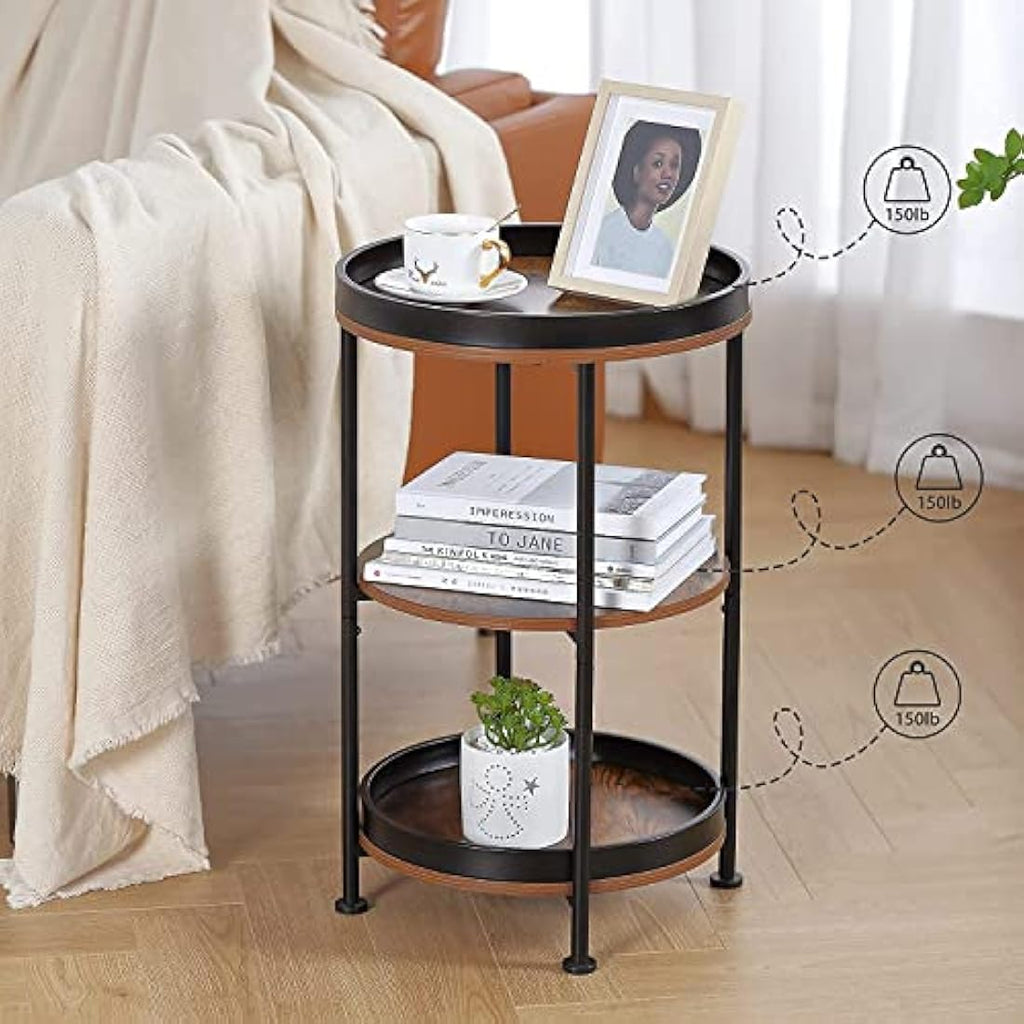 YEAKOO 3-Tier Round Side Table – Industrial Metal End Table, Rustic Brown