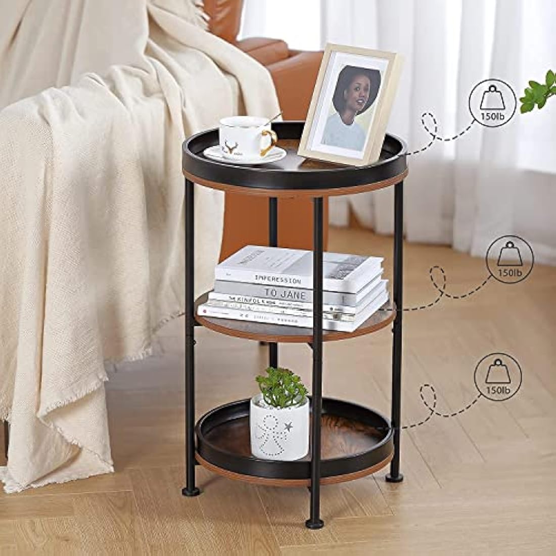 YEAKOO 3-Tier Round Side Table – Industrial Metal End Table, Rustic Brown