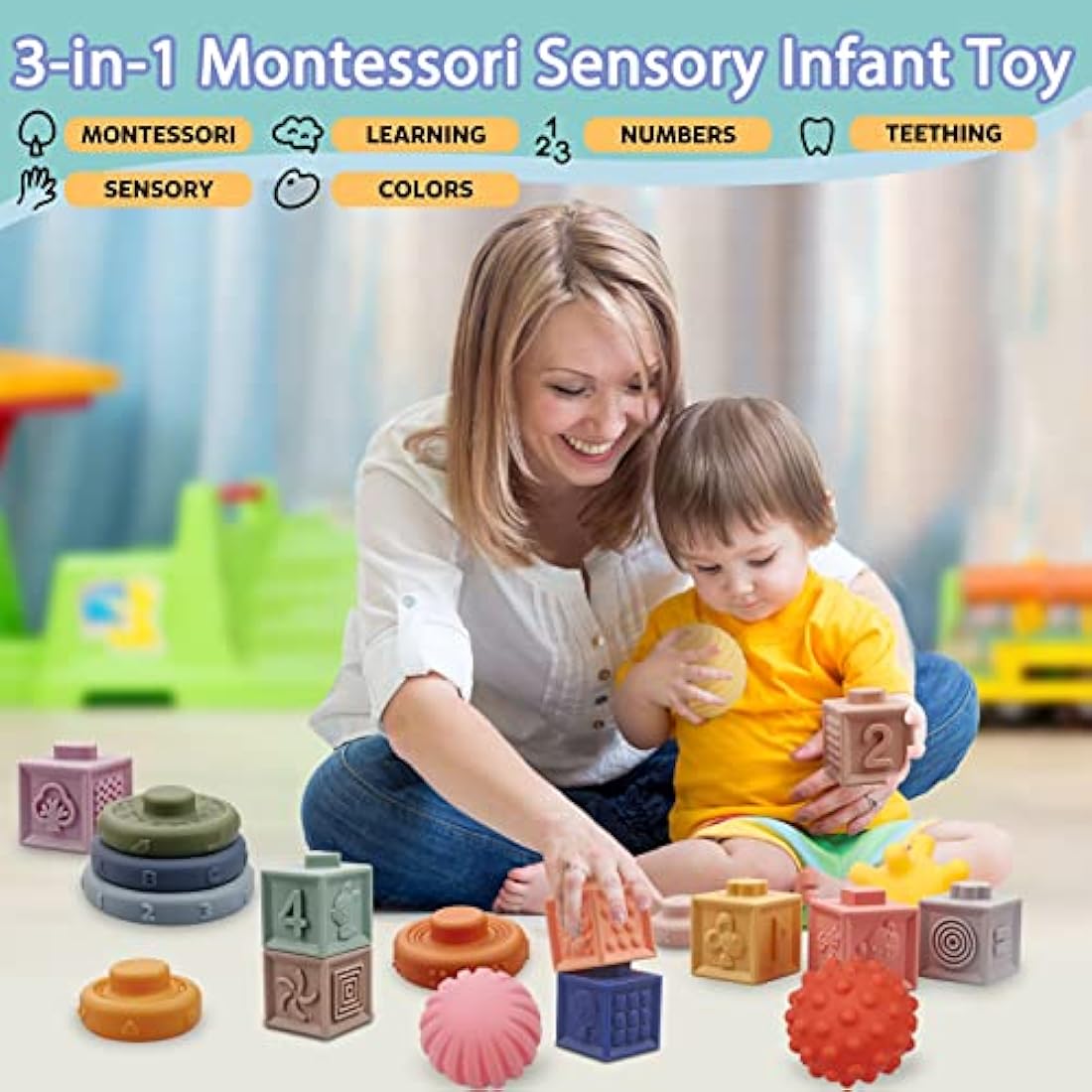 Jolof Store Montessori Baby Toys – 24pc Soft Sensory Blocks & Teethers