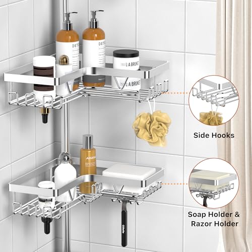 Kegii Telescopic Shower Caddy – 4-Tier Stainless Steel Corner Tension Shelf