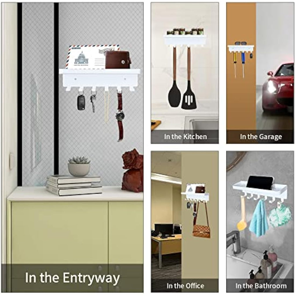 Wall Mounted Key Holder with Mail Tray - 6 Hooks, White Metal