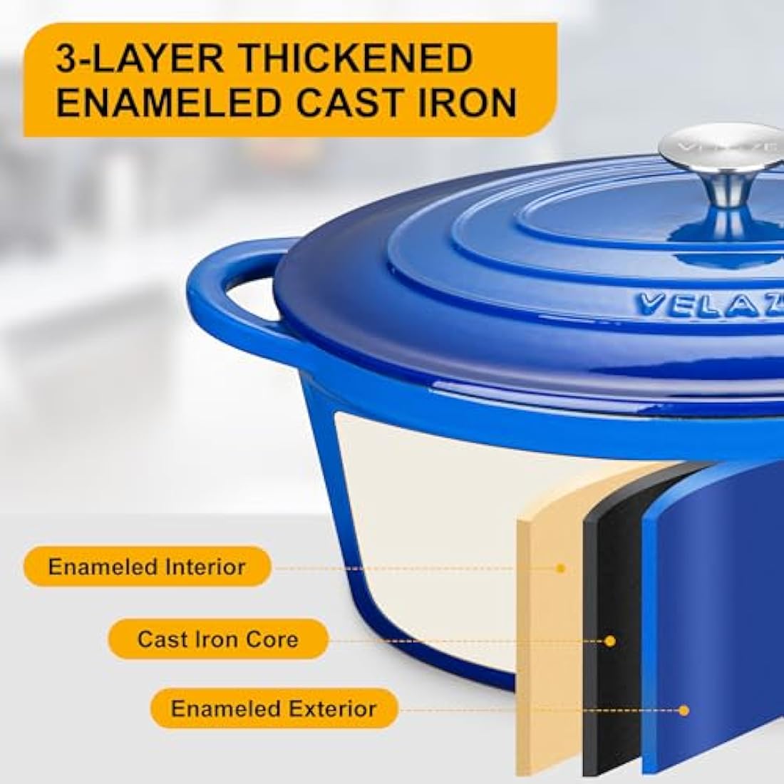 Velaze Enameled Cast Iron Dutch Oven – 7.5L Oval Casserole Dish, Blue