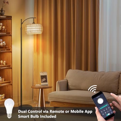 Rayofly Arc Floor Lamp | Dimmable Boho Standing Lamp with Rattan Shade