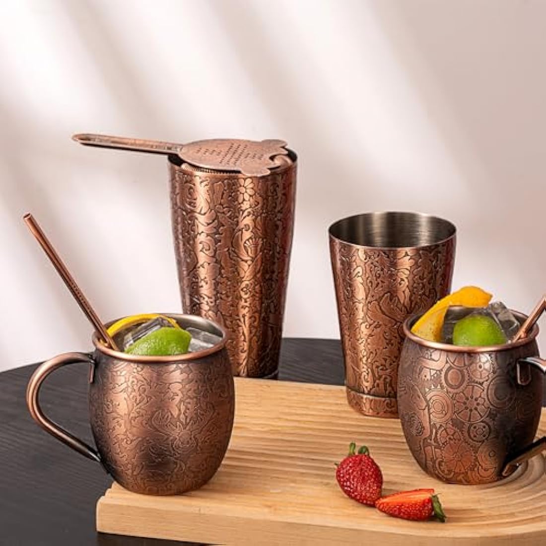 SKY FISH 18-Piece Boston Cocktail Shaker Set | 3D Embossed Antique Copper