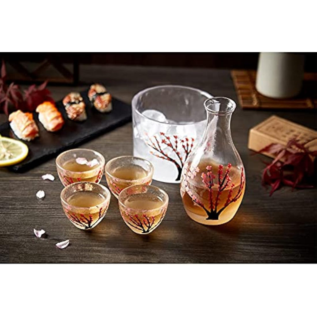 DUJUST Japanese Sake Set for 4 | Hand-Painted Pink Cherry Blossom Glass