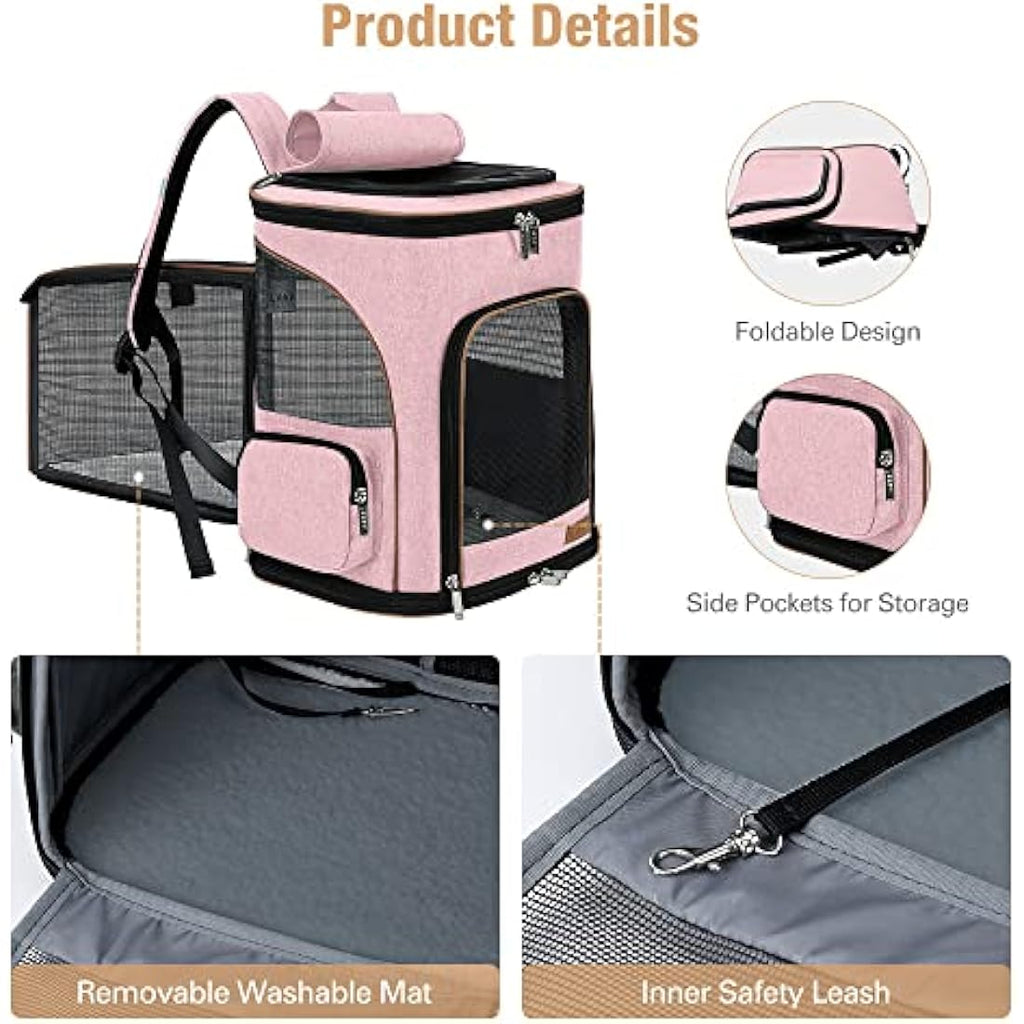 Lekesky Expandable Cat Carrier Backpack | Breathable Pet Rucksack - Pink