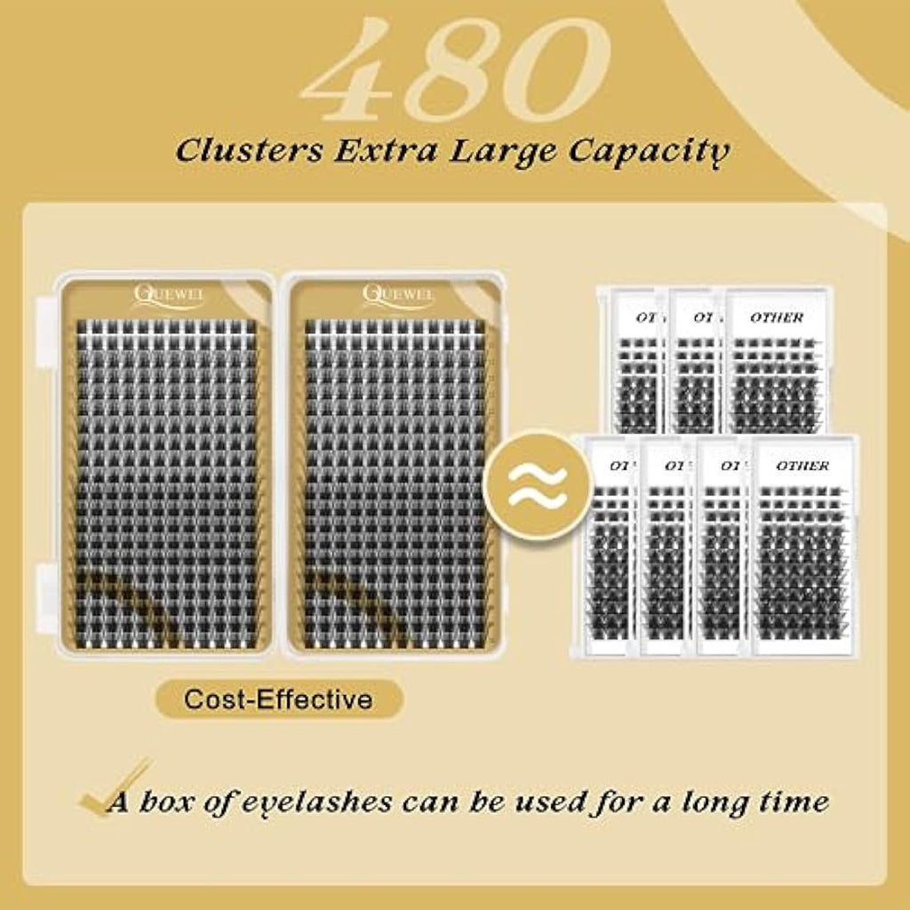 QUEWEL Cluster Lashes – 480 Pcs D Curl DIY Individual Lash Extensions