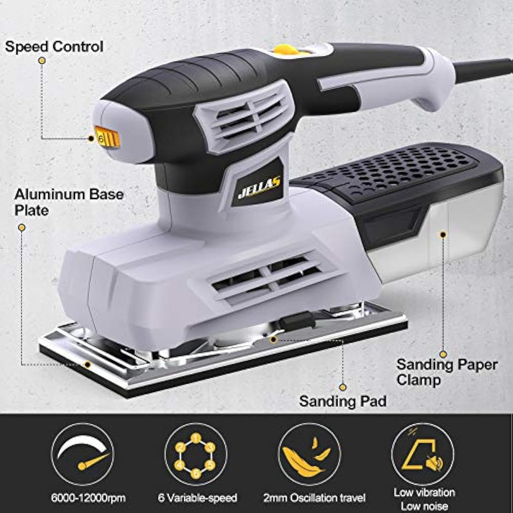 Jellas 220W 1/3 Sheet Sander - 6 Variable Speed Electric Wood Sander