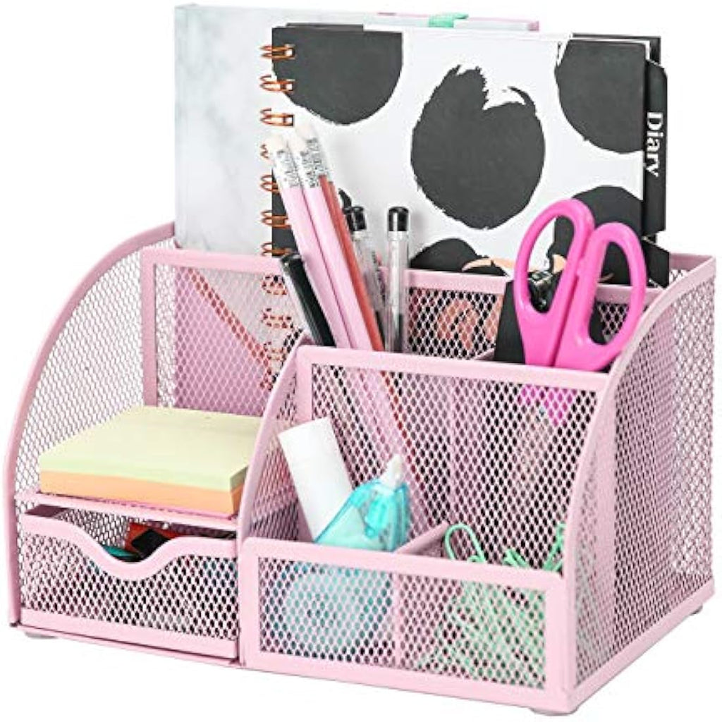 Exerz Mesh Desk Organiser | 7-Compartment Metal Office Caddy – Light Pink