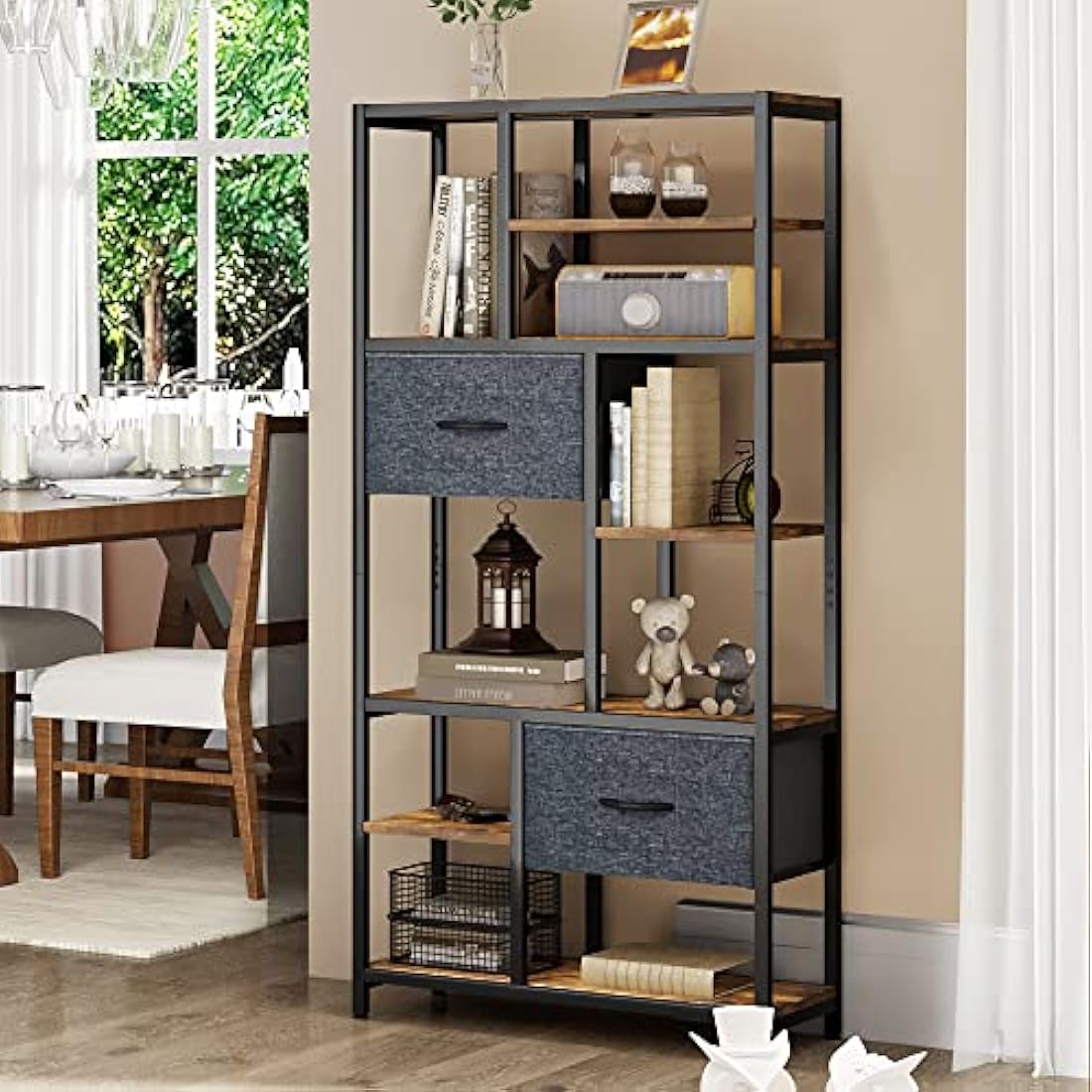YITAHOME 7-Tier Industrial Bookshelf with Drawers | Rustic Brown