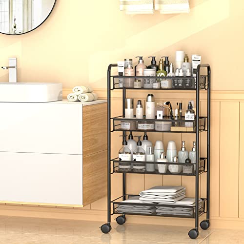 Ovicar 4-Tier Rolling Utility Cart – Metal Mesh Storage Trolley with Hooks