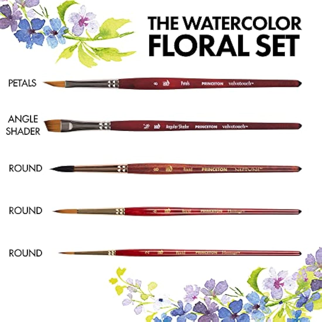 Princeton Watercolor Floral Brush Set | 5 Synthetic Short Handle Brushes