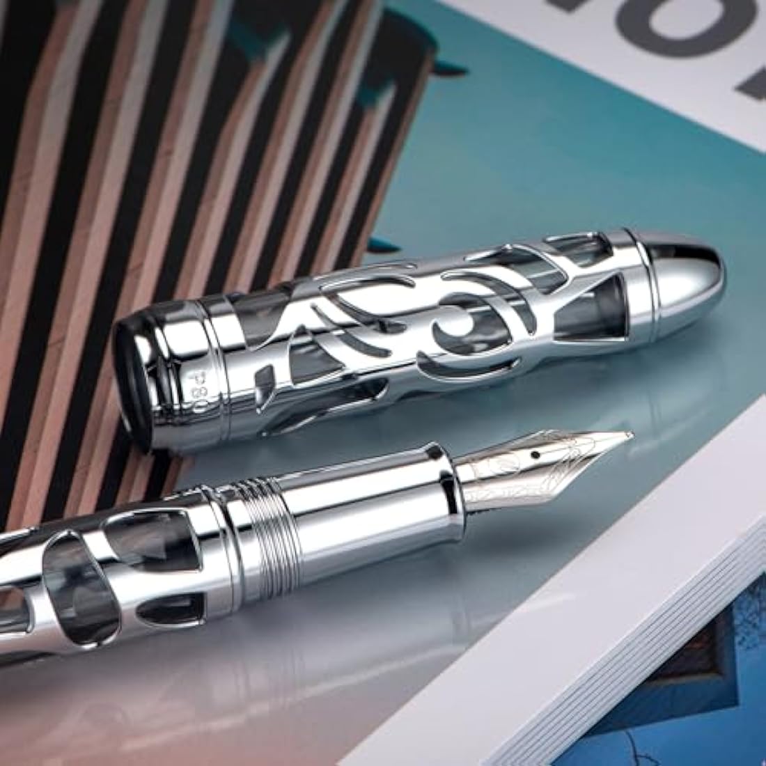 Asvine P80 Piston Fountain Pen | Spider Skeleton Gray Acrylic Fine Nib