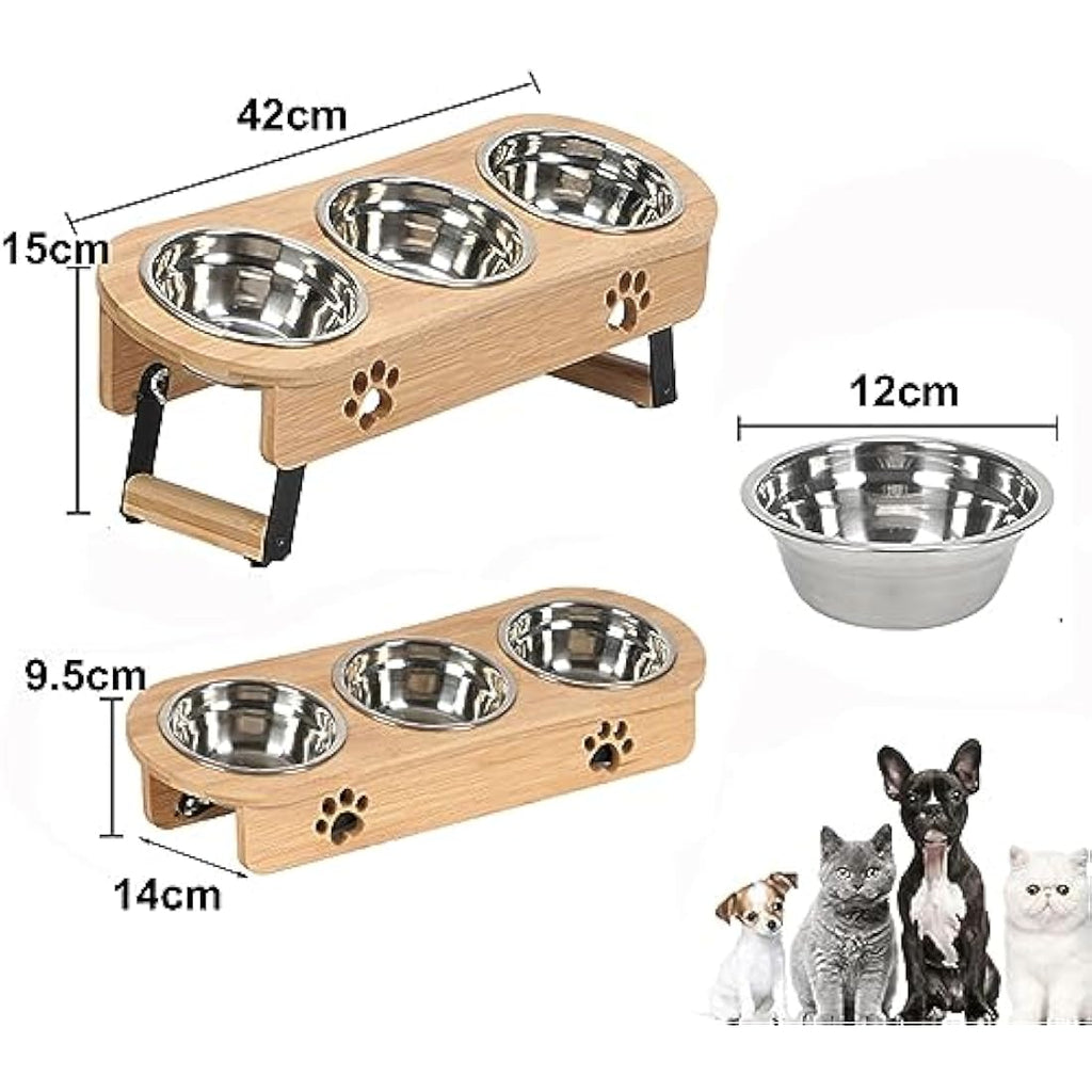 Raised Cat Feeding Station | 3 Stainless Steel Bamboo Bowls