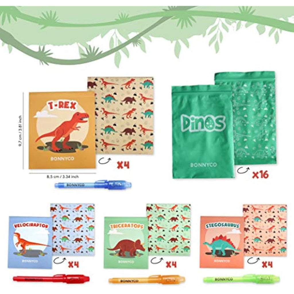 BONNYCO Invisible Ink Pen and Notebook Set | 16 Pack Dinosaur Party Favors