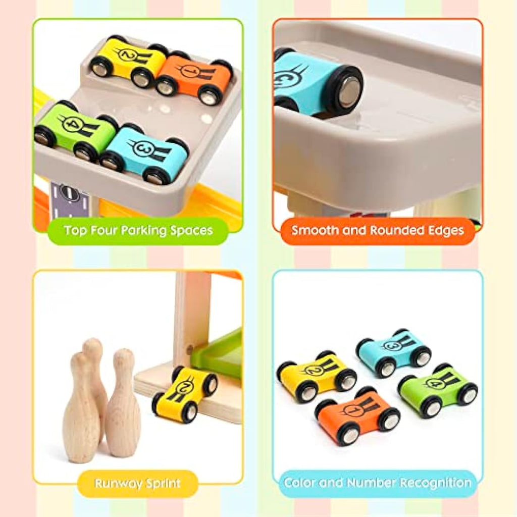 Wooden Car Ramp Race Track – Montessori Toy with 4 Cars