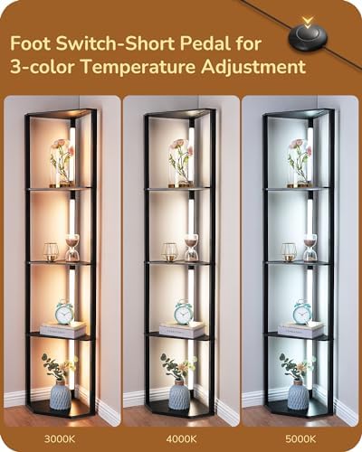 EDISHINE LED Floor Lamp with 4-Tier Shelves | Dimmable Wood Standing Lamp