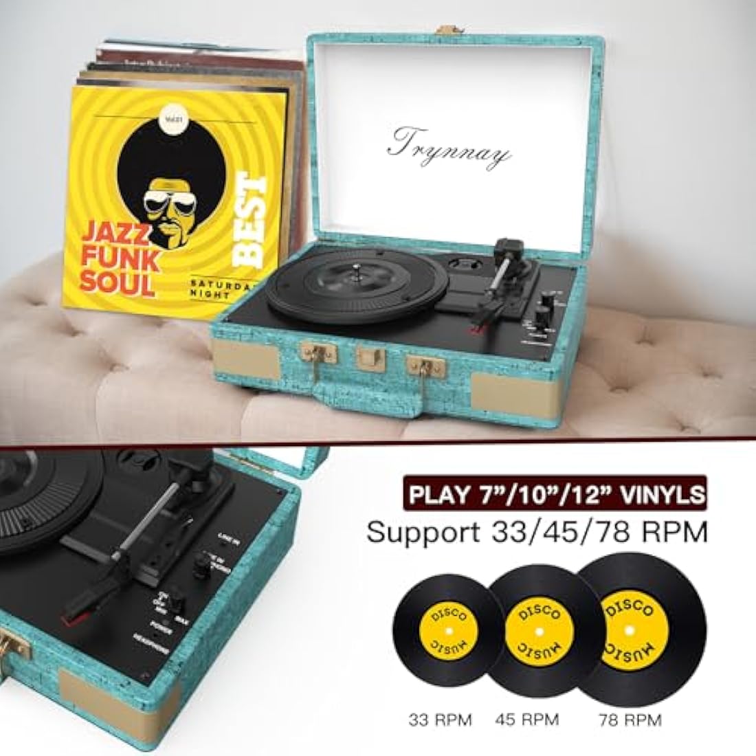 Trynnay Portable Suitcase Record Player | 3-Speed Bluetooth Turntable