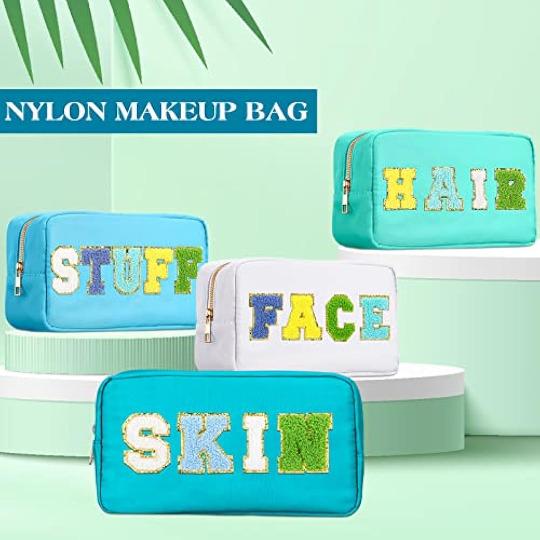 Jolof Store 4-Piece Preppy Nylon Makeup Bag Set with Chenille Letter Patches