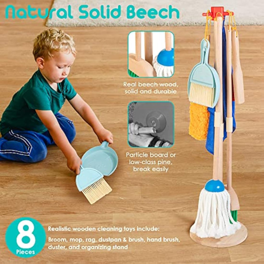 HELLOWOOD 8-Piece Wooden Kids Cleaning Set | Toddler Pretend Play Kit