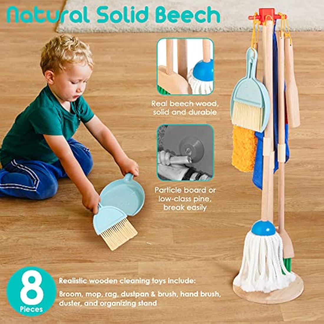 HELLOWOOD 8-Piece Wooden Kids Cleaning Set | Toddler Pretend Play Kit