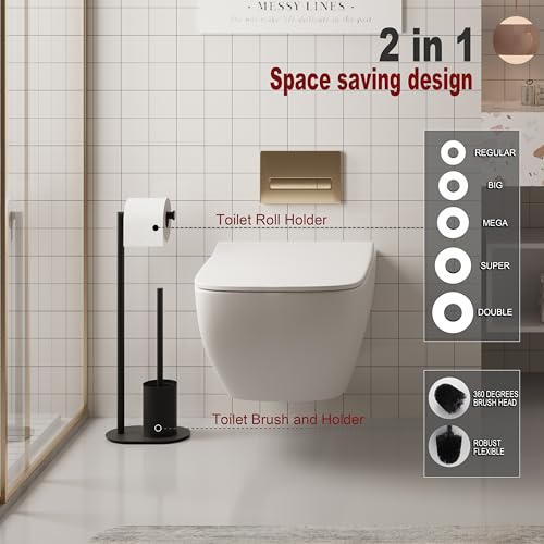 BVL Free Standing Toilet Roll Holder and Brush | Black Stainless Steel