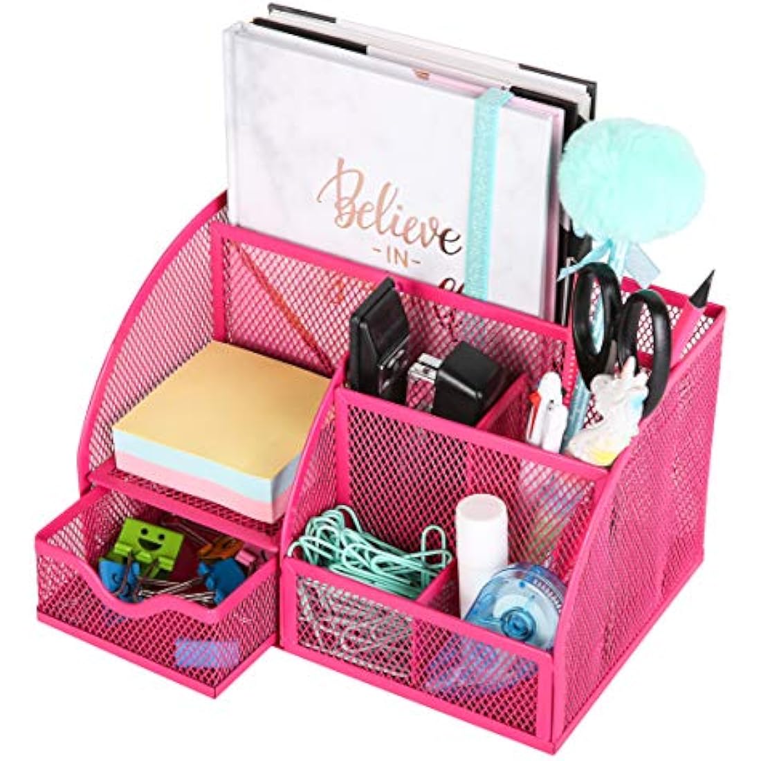 Exerz Mesh Desk Organiser – 7 Compartment Metal Office Caddy, Pink