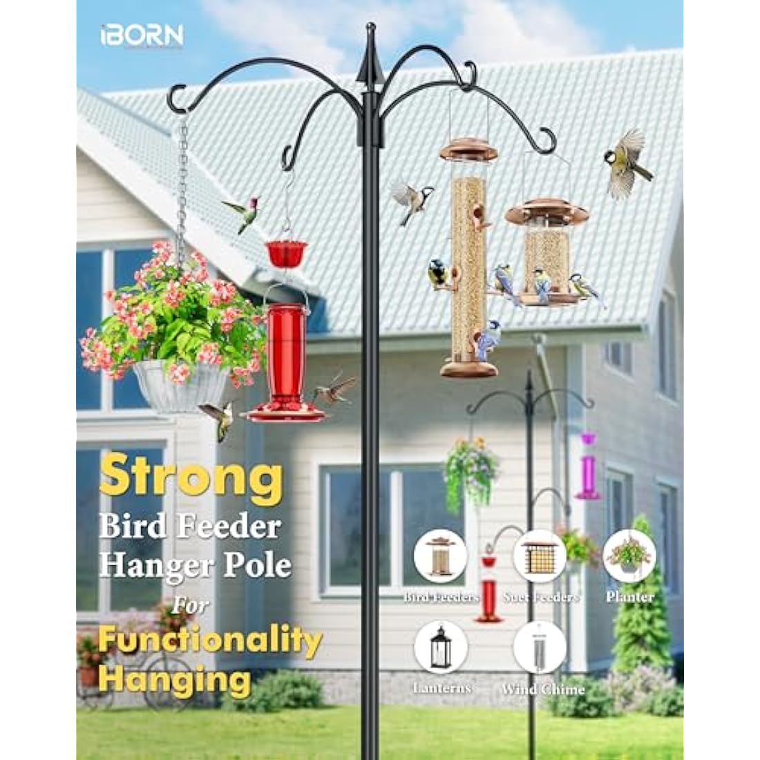 iBorn Heavy Duty Bird Feeding Station – 87 Inch Metal Pole with 4 Hooks